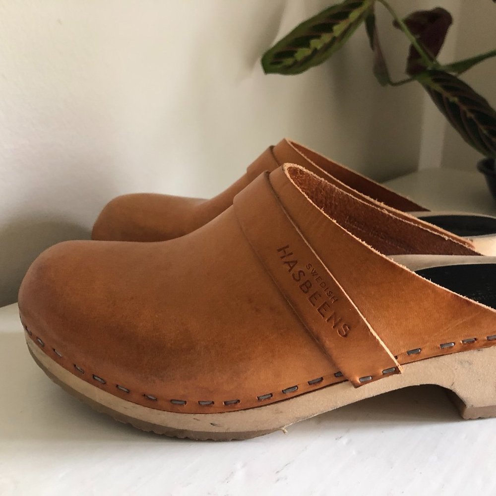 Swedish Hasbeens Tan Leather Mules